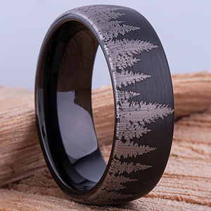 Tungsten Forest Style Men's Wedding Ring or Engagement Band 8mm Wide with Light Brushed Black Exterior
