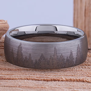 Forest Tungsten Ring for Wedding Band or Mans Engagement Ring 8mm Wide, Mens Promise Ring or Anniversary Band For Him, Tree Tungsten Ring
