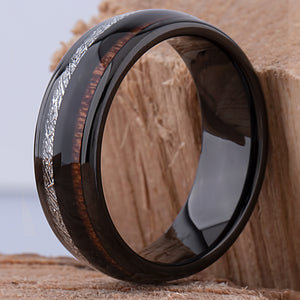 Black Tungsten Wedding Ring or Engagement Band 8mm Wide with Natural Crateva Nurvala Wood and Man-Made Meteorite Inlay