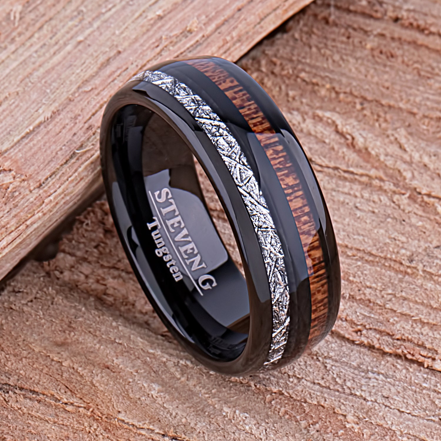 Black Tungsten Wedding Ring or Engagement Band 8mm Wide with Natural Crateva Nurvala Wood and Man-Made Meteorite Inlay