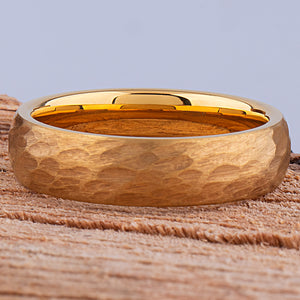 Yellow Gold Hammered Tungsten Men's Or Women's Wedding Band or Engagement Ring 6mm Wide