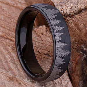 Tungsten Forest Style Men's Wedding Ring or Engagement Band 6mm Wide with Light Brushed Black Exterior