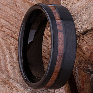 Tungsten Wedding Band or Engagement Ring 8mm Wide Black Plating Natural Padauk Wood Inlay