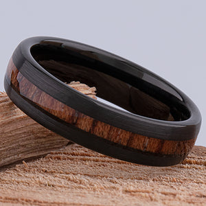 Tungsten Unisex Wedding Band or Engagement Ring 6mm Wide Black IP Plating Natural Padauk Wood Inlay