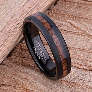 Tungsten Unisex Wedding Band or Engagement Ring 6mm Wide Black IP Plating Natural Padauk Wood Inlay