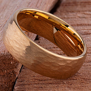 Tungsten Ring with Hammered Yellow Gold - 8mm Width - TCR180
