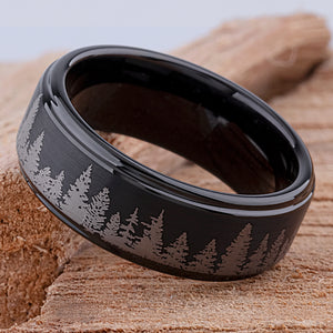 Black Tungsten Forest Designed Wedding Ring or Engagement Band 8mm Wide with Light Brushed Exterior