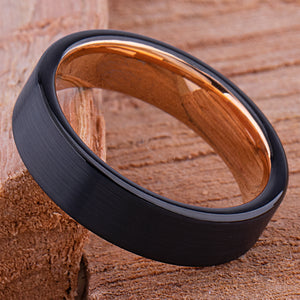 Tungsten Carbide Wedding Ring or Engagement Band 6mm Wide Flat Satin Finish 2-Tone Black & Rose Gold