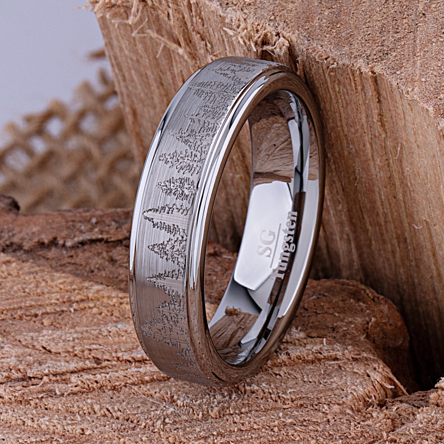Forest Tungsten Band for Wedding or Engagement 6mm Wide, Unisex Promise Ring, Anniversary Band For Man or Woman, Tungsten Ring Tree Design