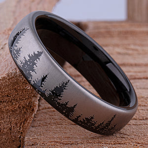 Tungsten Black Forest Style Men's Wedding Ring or Engagement Band 6mm Wide with Light Brushed Silver Exterior