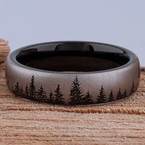 Tungsten Black Forest Style Men's Wedding Ring or Engagement Band 6mm Wide with Light Brushed Silver Exterior