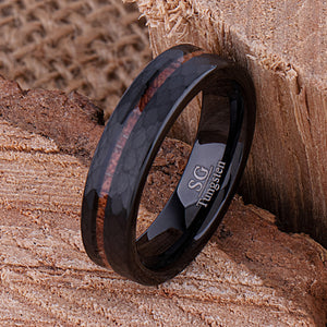 Black Tungsten Wedding Band or Engagement Ring 6mm Wide with Natural Padauk Wood Inlay and Faceted Brush Finish
