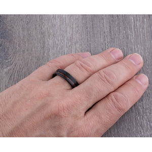 Black Tungsten Wedding Band or Engagement Ring 6mm Wide with Natural Padauk Wood Inlay and Faceted Brush Finish