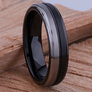Tungsten Wedding Band or Engagement Ring 6mm Wide, Flat with Brush Finish and Black Plating