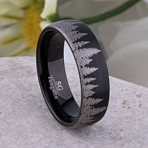 Tungsten Forest Style Men's Wedding Ring or Engagement Band 7mm Wide with Light Brushed Black Exterior
