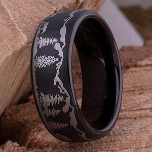 Tungsten Forest & Deer Outdoor Style Wedding Ring or Engagement Band 8mm Wide with Light Brushed Black Exterior