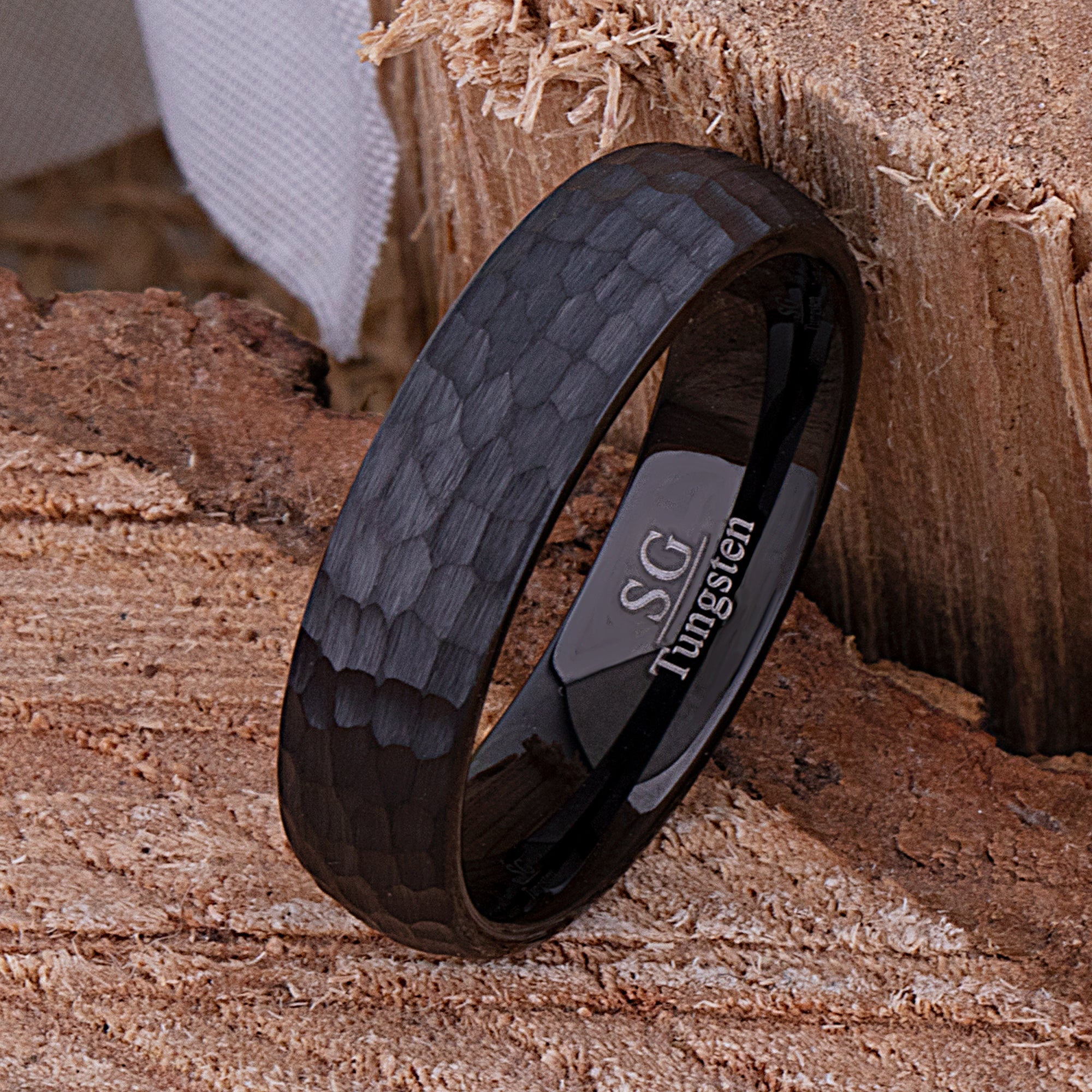 Black Tungsten Wedding Band 6mm with Hammer and Brush Finish, Unique Wedding Ring, Popular Gift for Friend, Affordable Unisex Tungsten Ring