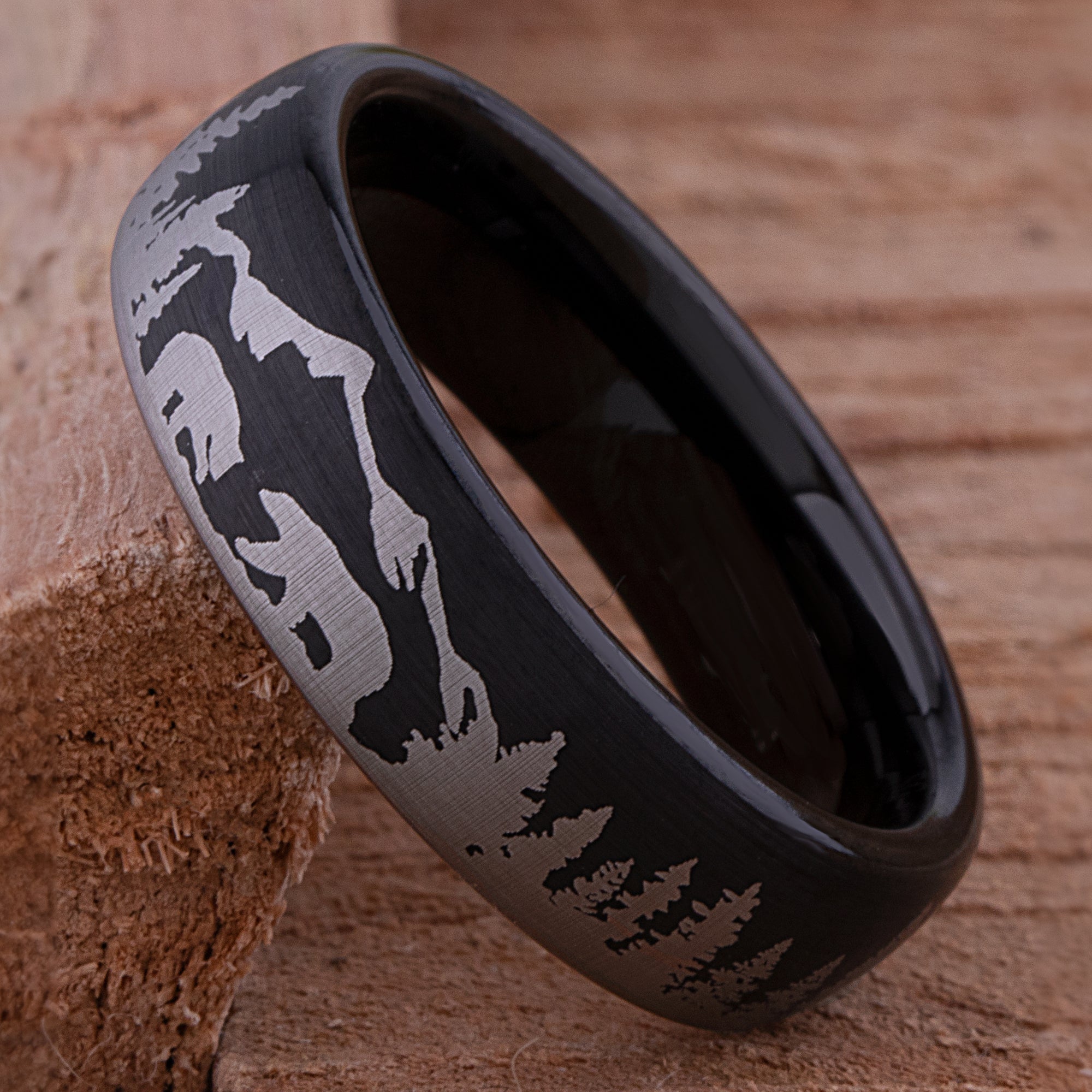 Tree Rings Bear Mother Bear & Cub In Forest Tungsten Ring for Men or Women