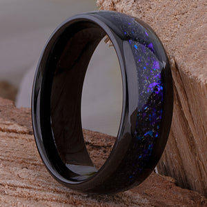 Tungsten Celestial Galaxy Wedding Band 8mm Wide Black IP Plating with Crushed Sandstone Inlay that Mimics the Orion Nebula