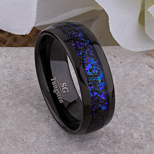 Tungsten Celestial Galaxy Wedding Band 8mm Wide Black IP Plating with Crushed Sandstone Inlay that Mimics the Orion Nebula