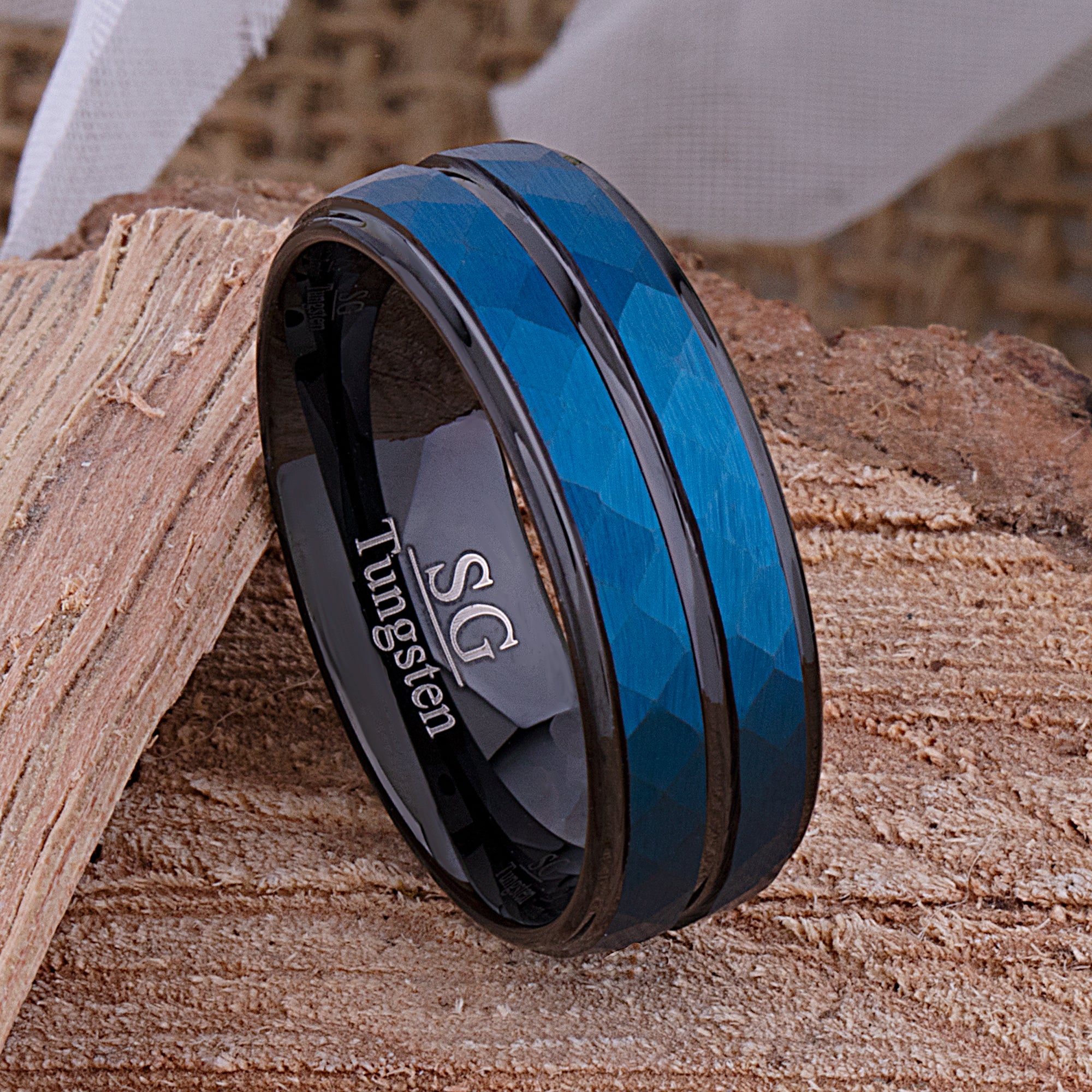 Tungsten Men's Wedding Band or Engagement Ring 8mm Wide Diamond Cut Satin Finish Two-Tone Blue & Black Ion Plating