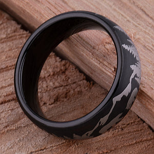 Mother Bear and Cub In Forest Tungsten Wedding Ring or Engagement Band 8mm Wide with Light Brushed Black Exterior