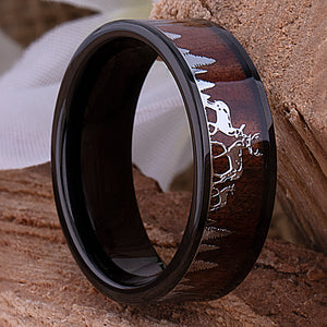 Black Tungsten Carbide Men's Wedding Ring 8mm Wide with Natural Rosewood and Stainless Steel Deer Family in a Forest
