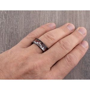 Black Tungsten Carbide Men's Wedding Ring 8mm Wide with Natural Rosewood and Stainless Steel Deer Family in a Forest