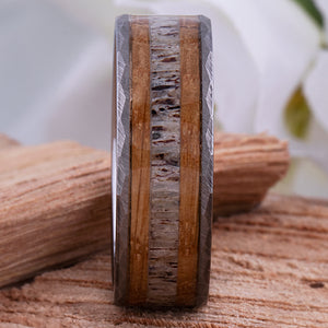 Tungsten Ring with Whiskey Barrel Wood and Deer Antler Inlay - 8mm Width - TCR209