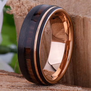 Tungsten Carbide Men's Wedding Band 8mm Wide with Black and Rose Gold Plating and Vietnamese Rosewood Inlay