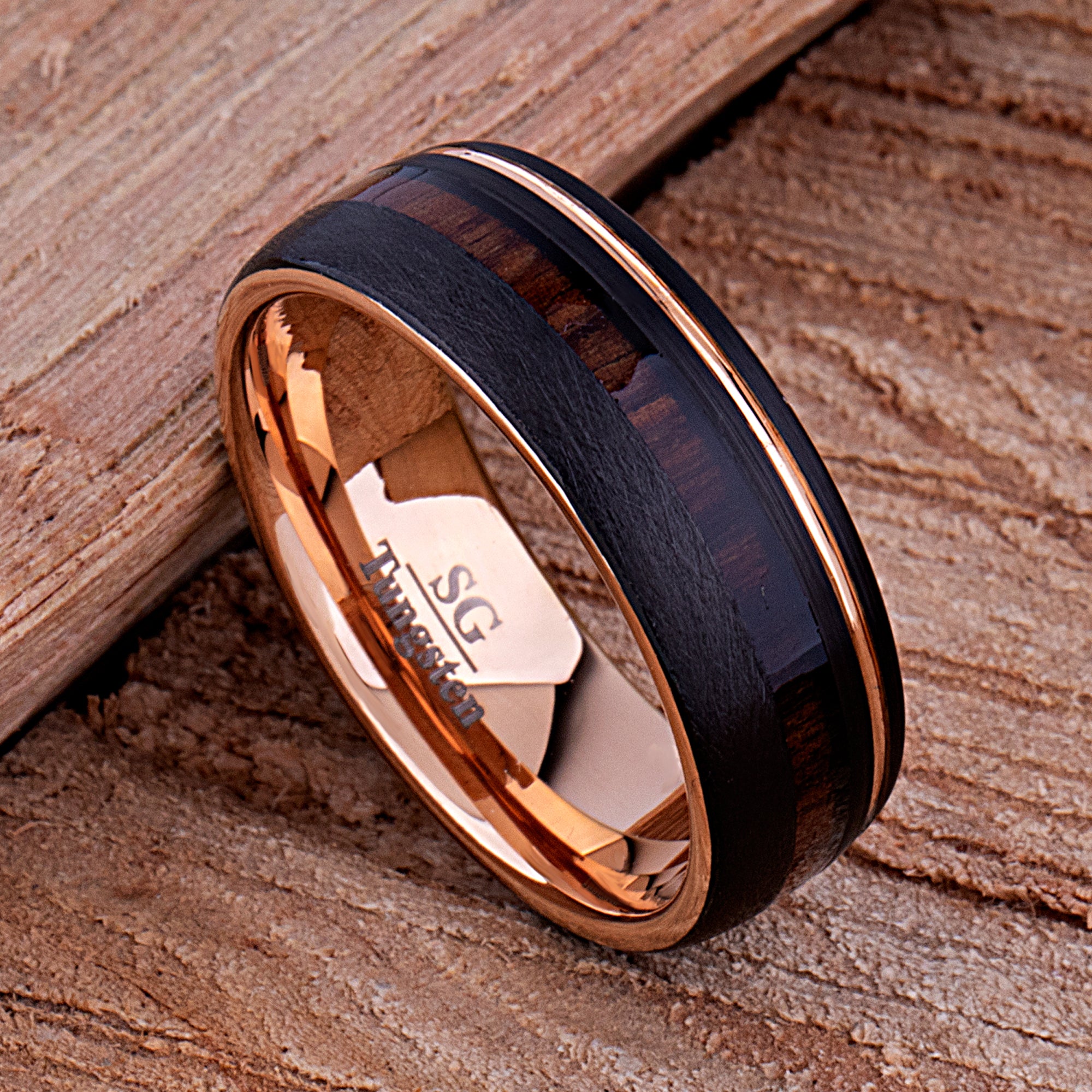 Tungsten Carbide Men's Wedding Band 8mm Wide with Black and Rose Gold Plating and Vietnamese Rosewood Inlay