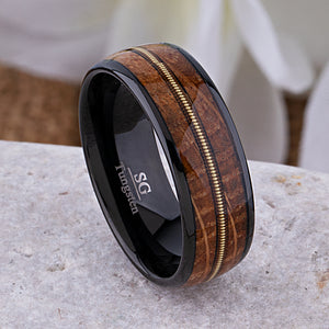 Black Tungsten Wedding Band or Engagement Ring 8mm Wide with Whiskey Wood and Guitar String