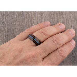 Black Tungsten Wedding Ring or Engagement Band 8mm Wide with Natural Koa Wood and Abalone Shell Inlay