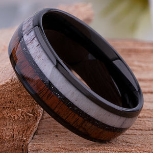 Tungsten Carbide Men's Wedding Band or Man's Engagement Ring, 8mm Wide with Natural Koa Wood, Deer Antler and Black Sand Inlay