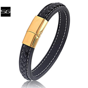 Men's Stainless Steel Black Leather Bracelet with Yellow Gold Plated Clasp - SSLB102YGBK