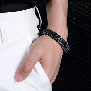 Men's Stainless Steel Black Braided Center Leather Bracelet With Polished Aztec Motif Center & Secure Slide Magnetic Clasp Lock