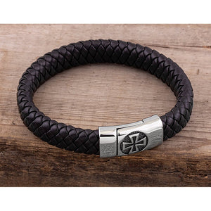 Men's Stainless Steel Black Hand-Braided Leather Bracelet With Polished Steel Secure 'X' Motif Magnetic Clasp Lock