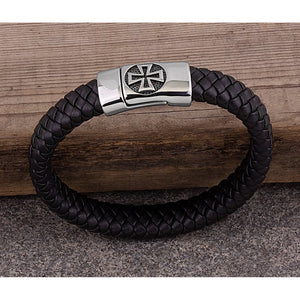 Men's Stainless Steel Black Hand-Braided Leather Bracelet With Polished Steel Secure 'X' Motif Magnetic Clasp Lock