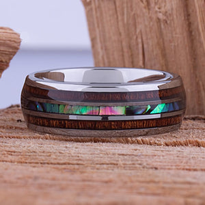 Tungsten Ring with Koa Wood and Abalone Shell 8mm - TCR096 wood and shell engagement band or wedding ring or promise band