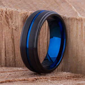 Black with Blue Tungsten Band 8mm - TCR088 unique black and blue men’s engagement or wedding ring or anniversary band