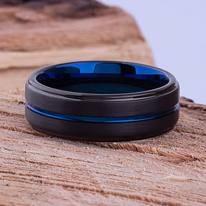 Black with Blue Tungsten Band 8mm - TCR088 unique black and blue men’s engagement or wedding ring or anniversary band