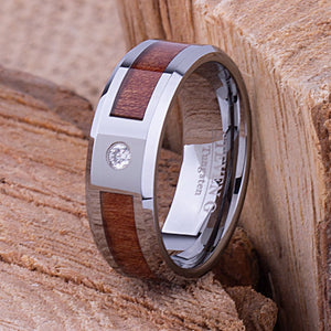 Tungsten Ring with Koa Wood & 3mm CZ - 8mm Wide - TCR084 cubic and wood engagement or wedding ring or promise band for boyfriend