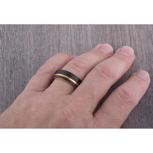 Tungsten Carbide Men's Wedding Band or Man's Engagement Ring 8mm Wide Flat Satin Finish Two-Toned Black and Yellow Gold IP Plating